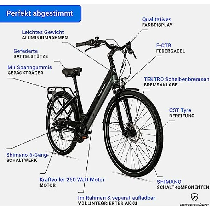 Bergsteiger Hampton 28 Zoll City E-Bike mit 250 Watt Motor, Scheibenbremsen, Aluminium Ebike für Damen & Herren, Farbdisplay, Elektrofahrrad mit Shimano 6 Gang-Schaltung, Schwarz – Bild 4