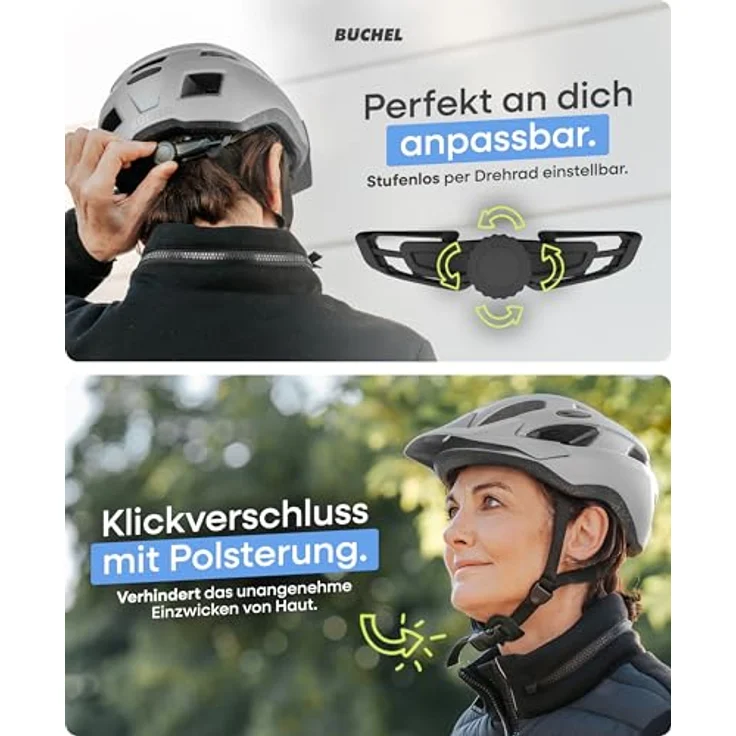 BÜCHEL Fahrradhelm mit In-Mould-Technologie, Cam Lock, Kinnpolsterung & Fliegennetz, Grau Matt, Größe L (58-61 cm) – Bild 4