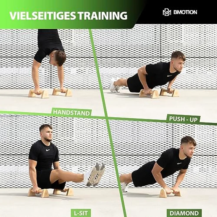 Müller & Blum Premium Holz Liegestützgriffe/nachhaltige und rutschfeste Calisthenics Parallettes/Yoga, Liegestütze oder Handstand Griffe/Push Up Bar für In- und Outdoor/Minibarren – Bild 5