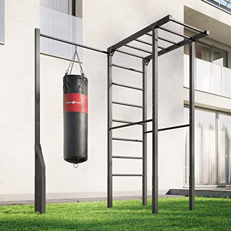Marbo Sport Sprossenwand mit Boxsackhalterung und kurzen Dip-Stangen MO-Z4, OUTDOOR, pulverbeschichtet, bis 110kg Tragfähigkeit, massive Metallprofile, MADE IN EU, stabile langlebige Konstruktion, in silber. – Bild 2