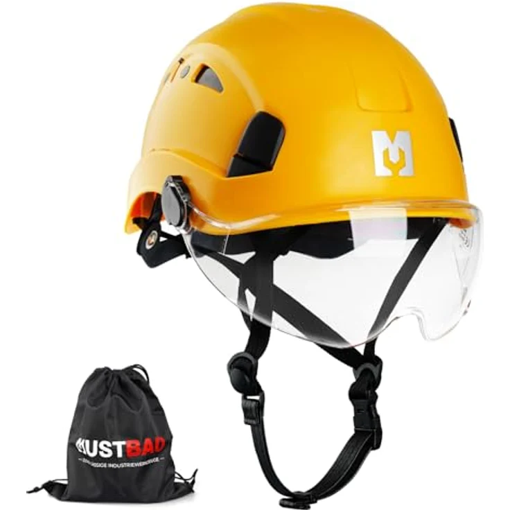 Mustbau Helm HSE06S, Kletterhelm mit gefütterten Schaumstoffpolstern, einstellbarer Passform und robustem Visier, für Bergsteigen, BAU und Gartenarbeit, Gelb – Bild 1