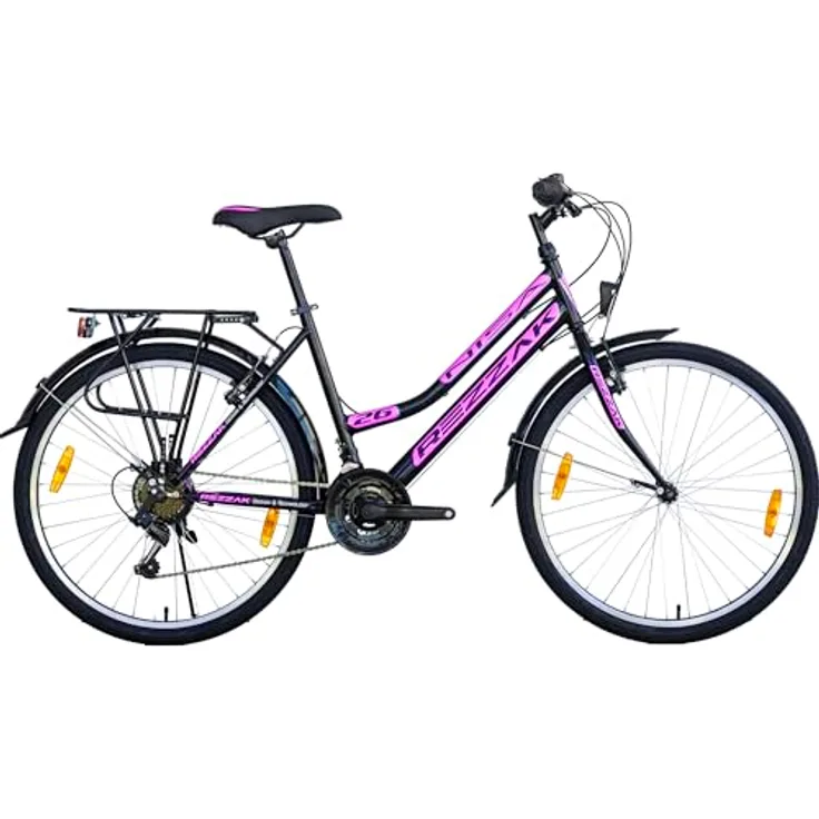 Rezzak 26 Zoll Fahrrad Mädchenfahrrad Damenfahrrad Kinderfahrrad 21 Gang City Schwarz-Pink, Aluminium-Felgen, Batteriebetriebene Beleuchtung