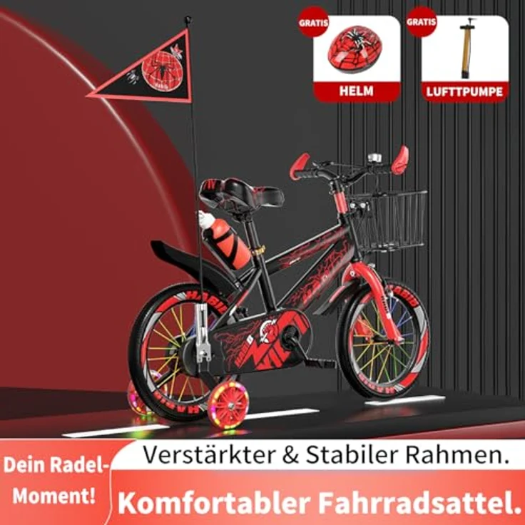 Habib Gruppe Kinderfahrrad, Komplettset mit LED-Stützrädern, höhenverstellbarem Lenker und Sicherheitszubehör, geeignet für Kinder von 85 cm bis 130 cm – Bild 3