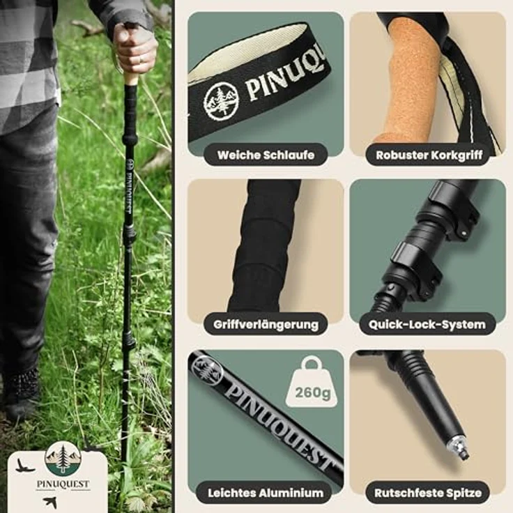 Pinuquest Teleskop Wanderstöcke Aluminium (260g) - verstellbar von 95-200 cm, ergonomischer Kork Griff, 4 Aufsätze für jedes Gelände, schwarz – Bild 4