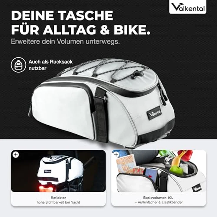 Valkental 3in1 Fahrradtasche für Gepäckträger, 10-14L Volumen, wasserfest & reflektierend, mit Rucksackfunktion und Tragegriff, schwarze Variante – Bild 2