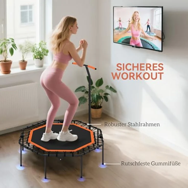 SPORTNOW Fitness Trampolin klappbar Ø128 cm, Mini Trampolin mit 5-stufig höhenverstellbarem Haltegriff und leisen Gummiseilen für Indoor und Outdoor Jumping – Bild 5