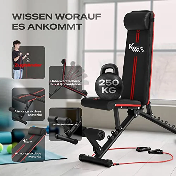 KM Fit klappbare Hantelbank Multifunktion Training Fitness Bank | 6-Fach verstellbare Rückenlehne | 3-Fach Verstellbarer Sitz | Atmungsaktive Eva-Oberfläche | Belastbarkeit bis zu 250 kg - Preisvergleich – Bild 3
