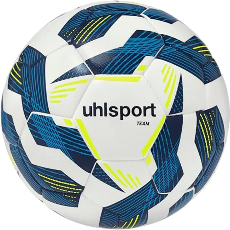 uhlsport Fußball Team-Fußbälle, langlebige Trainingsbälle für das Mannschaftstraining, maschinengenäht, Größe 3, 4 und 5, weiß/Marine/Fluo gelb
