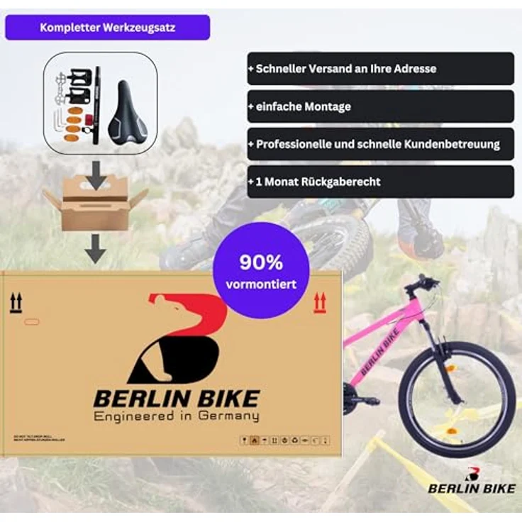 BERLIN BIKE Mountainbike MTB1 24 Zoll Kinderfahrrad für Mädchen, rosa, mit Aluminiumrahmen, 21-Gang-Schaltung, V-Bremsen und 90% Vormontierung – Bild 5
