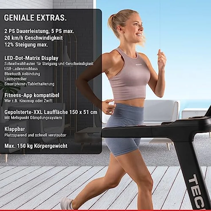 HAMMER Finnlo Laufband Technum, Klappfunktion, LED-Display, 30 Programme, Kinomap, Zwift, 5 PS, 20 km/h, 150 x 51 cm Lauffläche – Bild 4