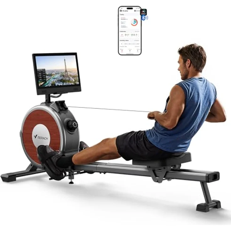 MERACH Rudergerät mit 15,6-Zoll-HD-Drehbildschirm, magnetisches Widerstandssystem, Bluetooth-Konnektivität, stabil bis 158 kg – Bild 1