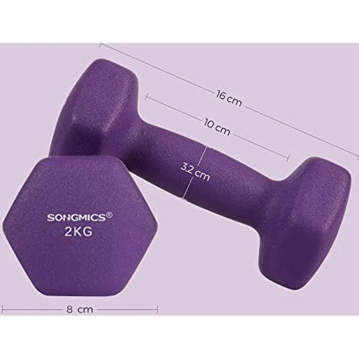 SONGMICS Kurzhanteln, 2er Set, 2 x 2 kg, rutschfeste Hanteln mit matter Beschichtung aus Neopren, Heimtraining, Krafttraining, lila SYL64PL – Bild 5