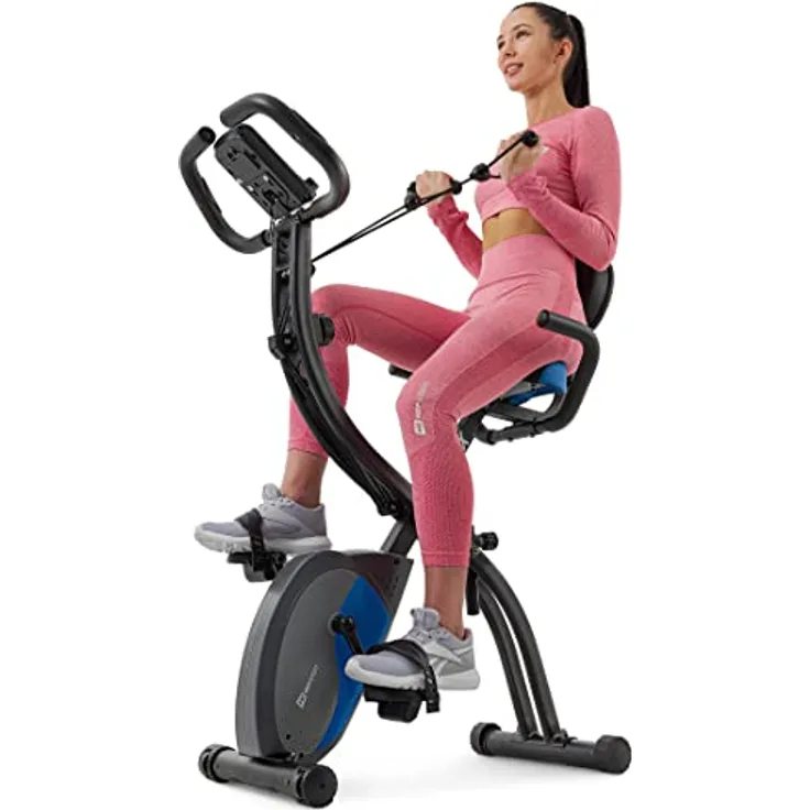 HS HOP-SPORT Hop-Sport 3-in-1 Fitness Heimtrainer klappbar HS-3010x Grix - Fitnessfahrrad mit Rückenlehne, Widerstandsbändern, LCD-Display (Schwarz/Blau)
