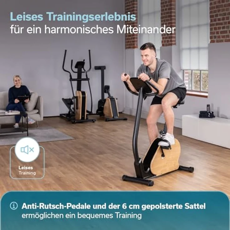 Skandika Ergometer Treliv P8, Heimtrainer aus schwarzem Eisen mit MDF Holz, Magnetbremse 32 Stufen, LED Display, 22 Programme, Bluetooth Kinomap App kompatibel, bis 120 kg – Bild 4