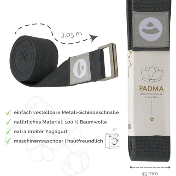 Bodhi Padma Yogagurt XL, Yoga Belt aus 100% Baumwolle, extra breites Yogaband mit waschbarer Schiebeschnalle aus Edelstahl, anthrazit – Bild 3