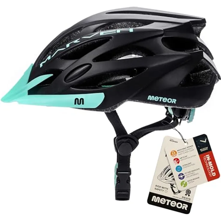 meteor® Marven Fahrradhelm, MTB-Helm mit LUFTDURCHLASS-System, Fliegennetz und Hygienic Innenleben für Herren, Damen, Kinder, Schwarz