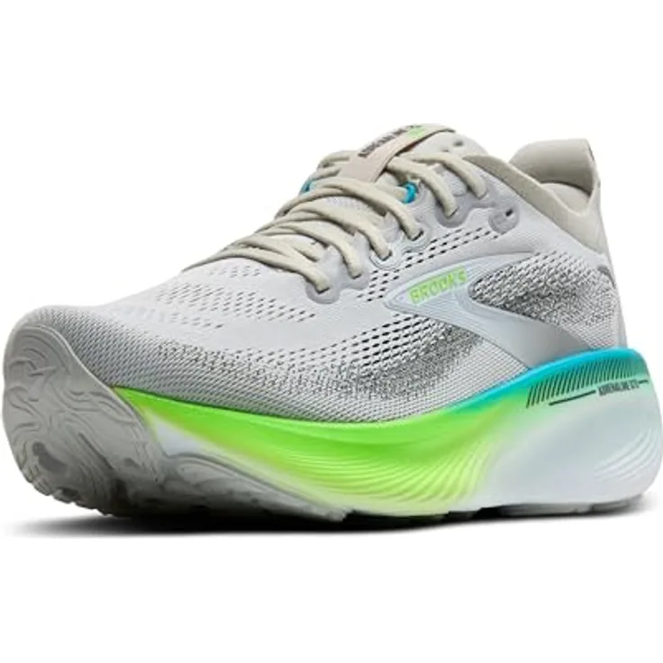 Brooks Adrenaline GTS 25, Herren Laufschuh mit GuideRails™-Support-System, Dämpfung und atmungsaktivem Strick-Mesh, Oyster/Green Gecko/Blue, Größe 44.5