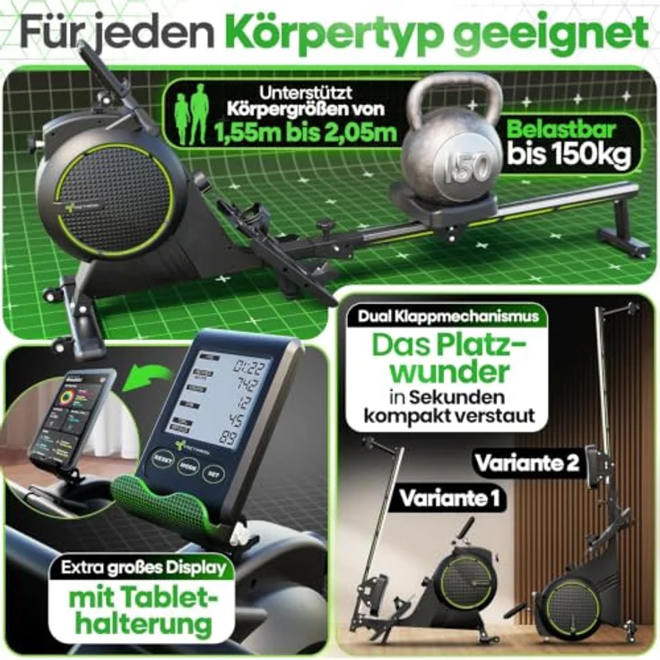 TRETMANN Tretmann Rudergerät Zuhause, extra leise mit Wirbelstrombremse 2.0, bis 150 kg, patentiertes ErgoKonzept, platzsparend, inkl. Antirutschmatten und Memory-Foam-Sitzkissen – Bild 3