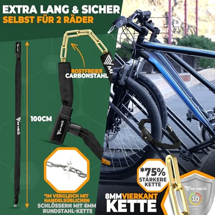 MIVELO Kettenschloss, Fahrradschloss aus 8mm gehärtetem Stahl, 100cm lang, hohe Sicherheit für E-Bike, MTB & Rennrad, inkl. Schlüssel – Bild 3