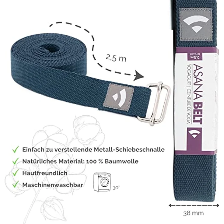 Bodhi Yogagurt | ASANA Belt aus 100% Baumwolle | Praktisches Yoga-Zubehör zur Dehnung | Yoga-Gurt mit Schiebeschnalle aus Metall | Anfänger & Fortgeschrittene | 250 x 3,8 cm (marineblau) - Preisvergleich – Bild 3
