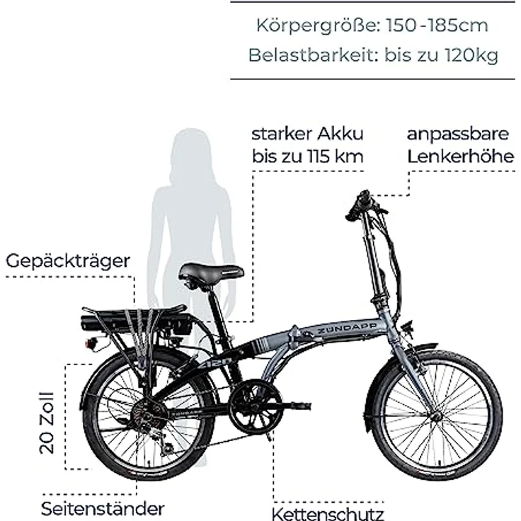 ZÜNDAPP Z120 20 Zoll E Bike Faltrad Damen Herren Elektrofahrrad klappbar Fahrrad Elektro Klapprad Ebike Pedelec E-Bike Erwachsene Klappfahrrad (schwarz/grau, 28 cm) - Kompaktes Design, kraftvoller Antrieb bis 25 km/h, 115 km Reichweite – Bild 2