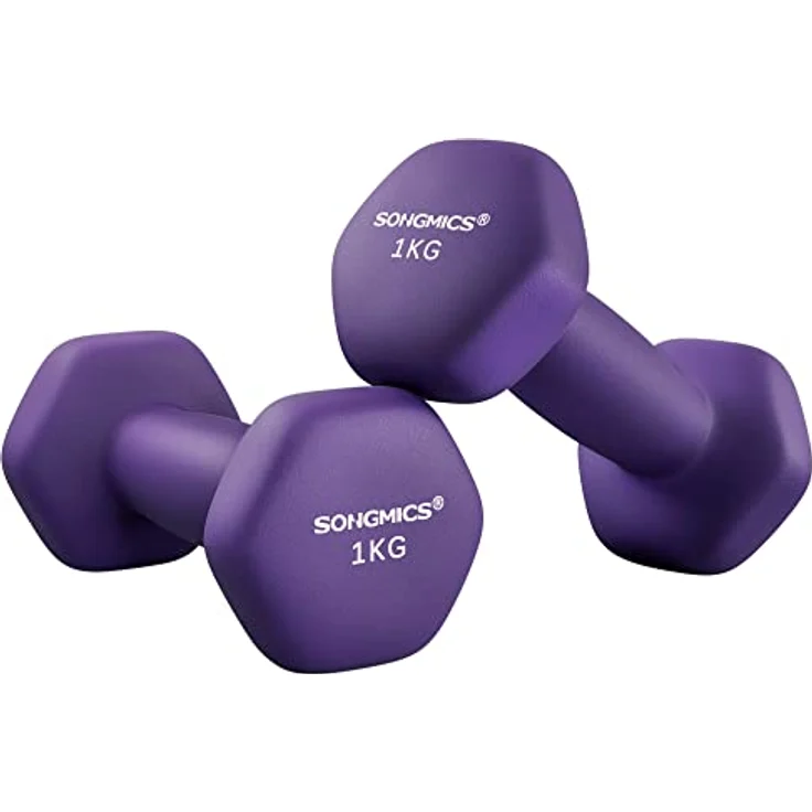 SONGMICS Hanteln, 2er Set, 2 x 1 kg, Hantelset, Kurzhanteln, Hexagon, Neopren-Beschichtung, Krafttraining, Workout, Fitnesstraining, für Zuhause, lila SYL902P02 – Bild 1