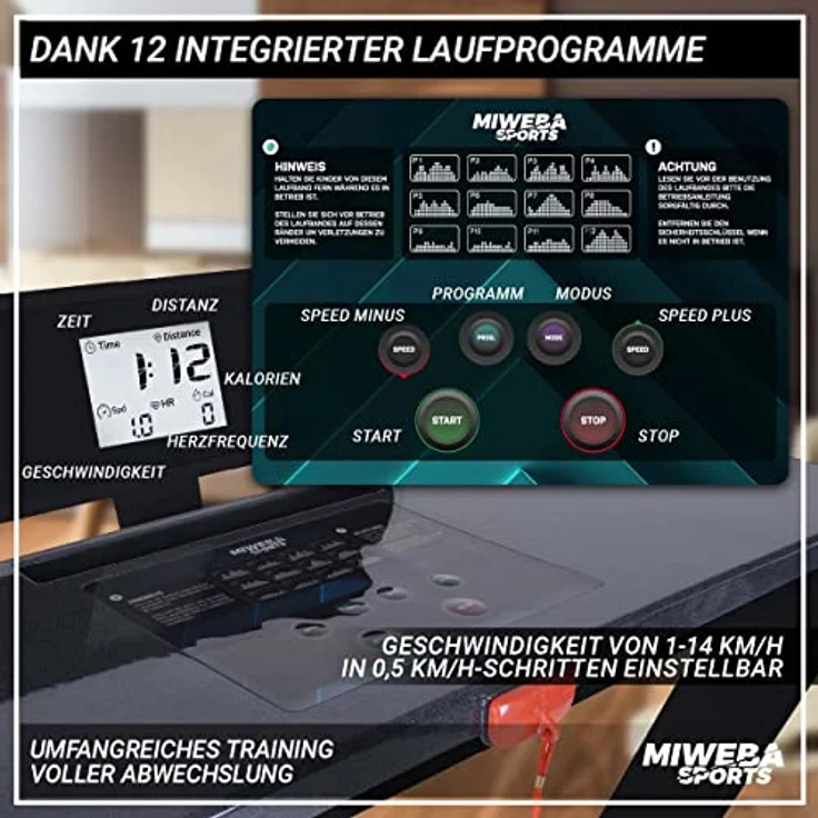 Miweba Sports elektrisches Laufband HT500 | 3 PS - 1-14 Km/h - Traglast 120 Kg - Klappbar - 12 Programme - Smartphone Tablet Halterung - Große Lauffläche - LCD-Display - Elektro-Laufband – Bild 3