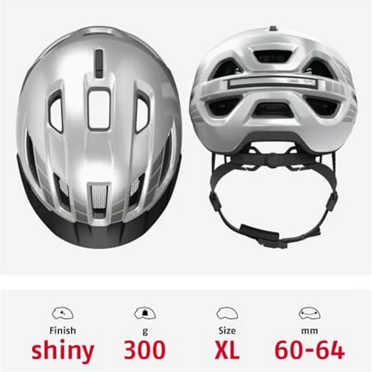 ABUS Stadthelm Urban-I 4.0 LR, Fahrradhelm mit Zopf-Öffnung, Schirm, magnetischem Verschluss, light ready für Rücklicht-Nachrüstung, Größe XL, silber – Bild 3