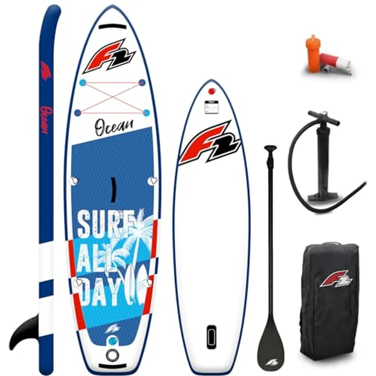 F2 Junior SUP Stand Up Paddle Board Ocean Boy 8'2'', aufblasbar, blau, mit Diamond Pad und inklusive Paddel, Pumpe und Tasche