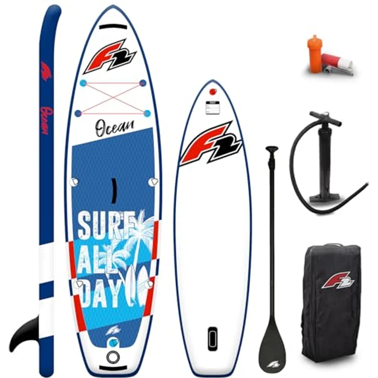 F2 Junior SUP Stand Up Paddle Board Ocean Boy 8'2'', aufblasbar, blau, mit Diamond Pad und inklusive Paddel, Pumpe und Tasche – Bild 1