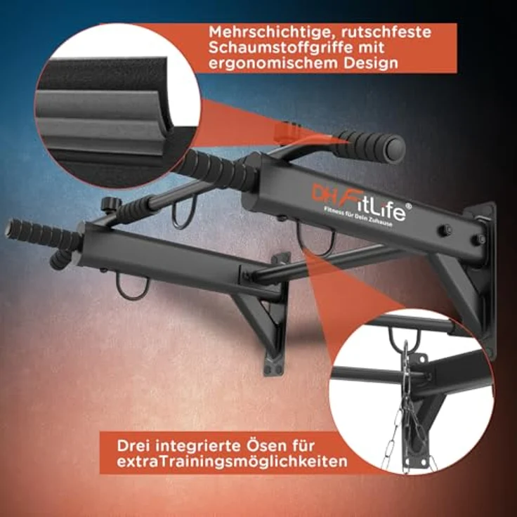 DH FitLife 4in1 Klimmzugstange Wand zur Wandmontage, Multifunktionale Pull-Up Bar für Zuhause bis 200kg | 6 rutschfeste Griffe | 3 Öse für Boxsack & Schlingentrainer | Sicher & Stabil, Schwarz – Bild 5