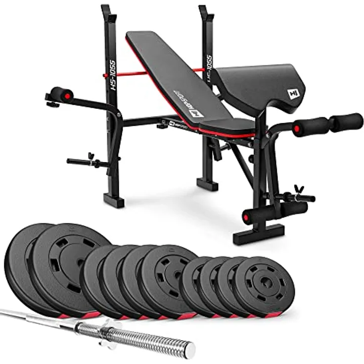 Hop-Sport zusammenklappbare Hantelbank HS-1055 mit Curlpult, Butterfly und Beincurler Inkl. 38 kg - 129,5 kg Hantelset zur Wahl Lang-, Curl- & Kurzhantelstange (59 kg)