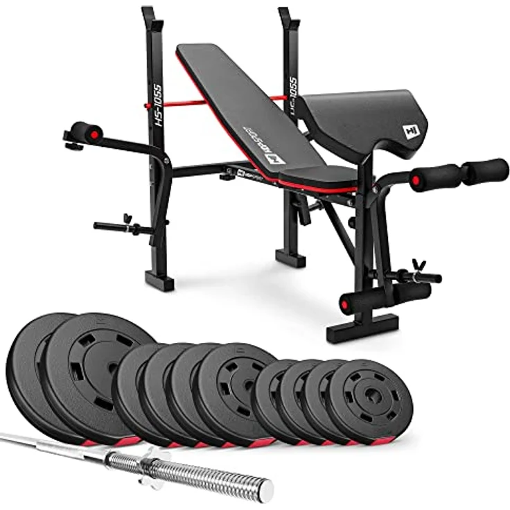 Hop-Sport zusammenklappbare Hantelbank HS-1055 mit Curlpult, Butterfly und Beincurler Inkl. 38 kg - 129,5 kg Hantelset zur Wahl Lang-, Curl- & Kurzhantelstange (59 kg) – Bild 1
