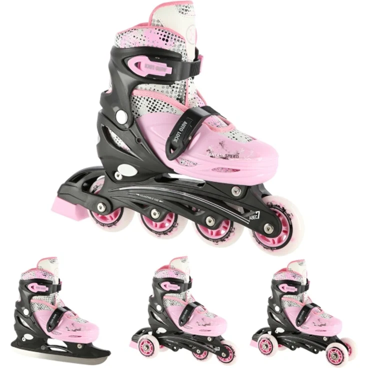 Nils Extreme Rollschuhe 4in1 - Schlittschuhe Kinder - Rollerblades Inline Skates Kinder - Eislaufschuhe Kinder S - Rosa