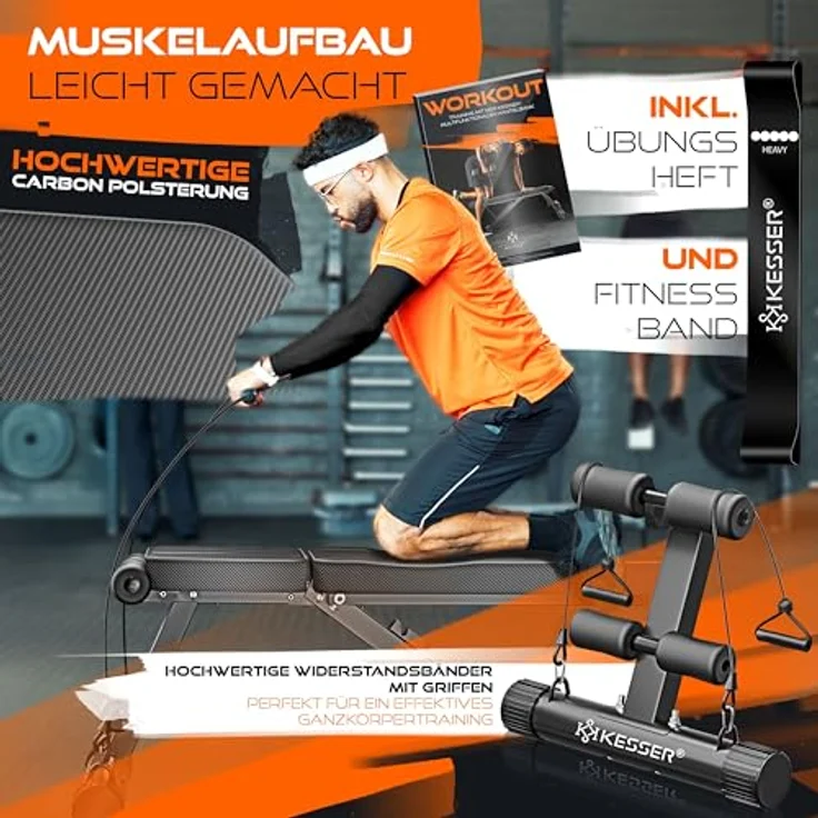 KESSER Klappbare Hantelbank Multifunktionale Trainingsbank mit Rückenlehne, 500kg Belastbarkeit, Carbon-Optik, verstellbar, inkl. Fitnessband für Ganzkörpertraining – Bild 8