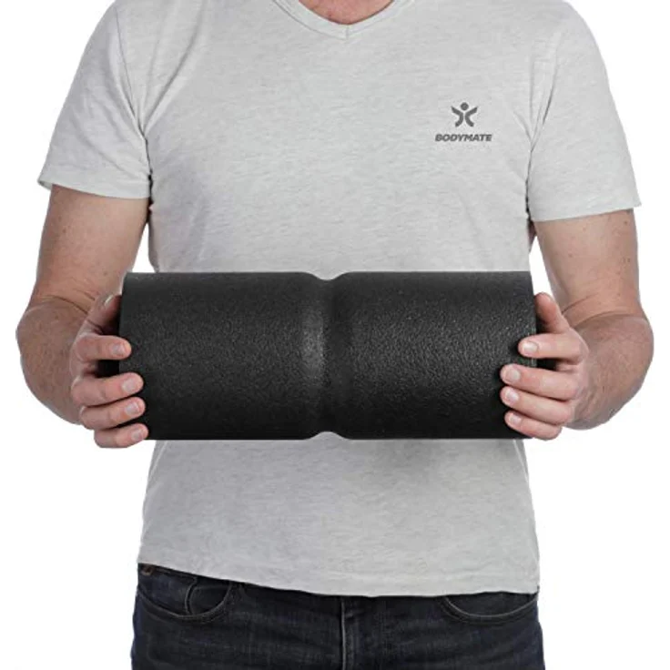 BODYMATE Faszienrolle CARE Mittel-Hart, Wirbelsäulen-Entlastung mit umlaufender Rille, E-Book inklusive, Schwarz, 35x14cm – Bild 3