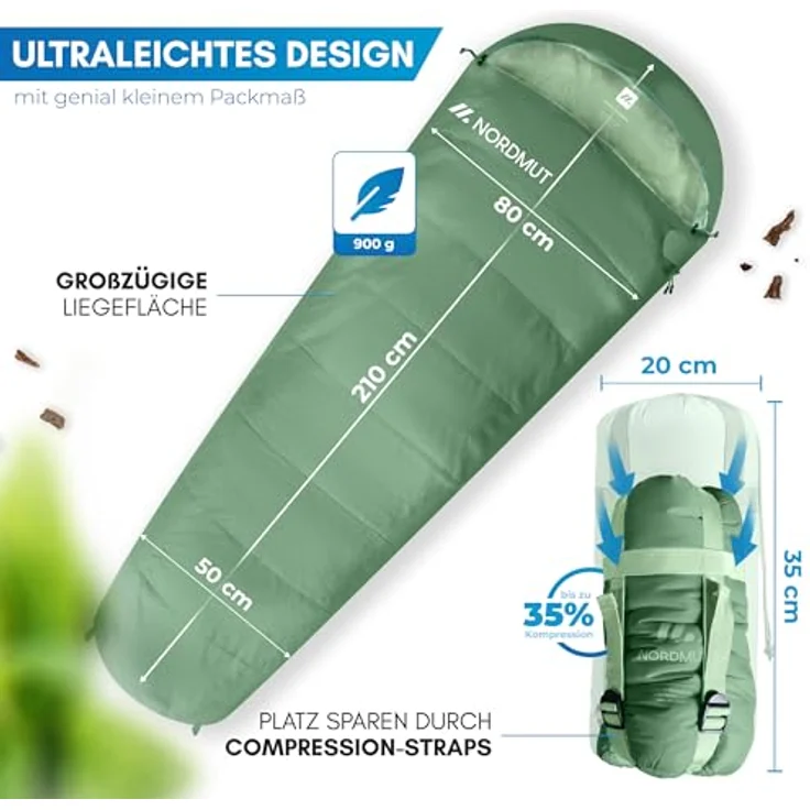 NORDMUT® Schlafsack Ultraleicht, Mumienschlafsack für Sommer (100 GSM) und 4-Jahreszeiten (300 GSM), wasserfest, ergonomisches Design, inkl. Kompressionsbeutel, Grün – Bild 5