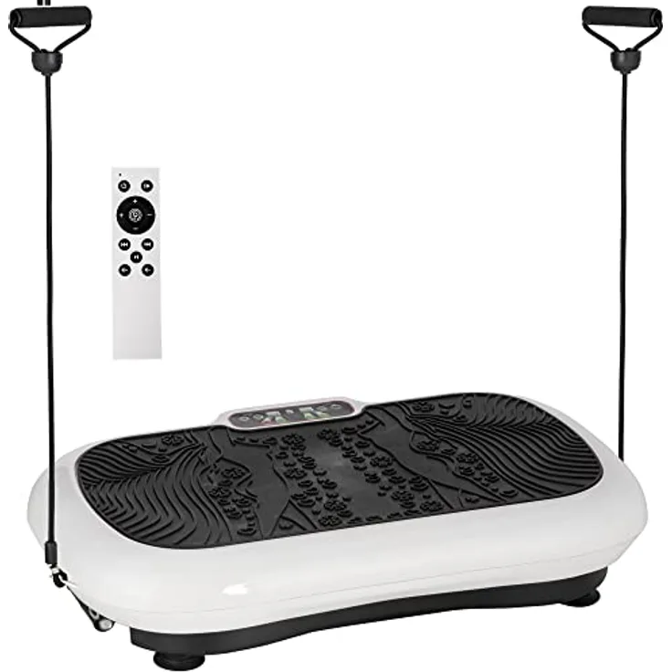 HOMCOM Vibrationsplatte mit 2 Fitnessbändern 99 Vibrationsstufen 120 kg Belastbarkeit Rüttelplatte Fitnessgeräte für Ganzkörpertraining zu Hause mit LCD-Anzeige 200W 73 x 40 x 13cm Weiß+Schwarz