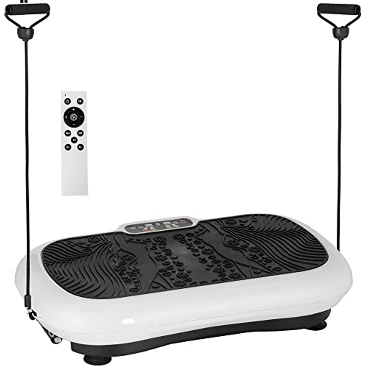 HOMCOM Vibrationsplatte mit 2 Fitnessbändern 99 Vibrationsstufen 120 kg Belastbarkeit Rüttelplatte Fitnessgeräte für Ganzkörpertraining zu Hause mit LCD-Anzeige 200W 73 x 40 x 13cm Weiß+Schwarz – Bild 1