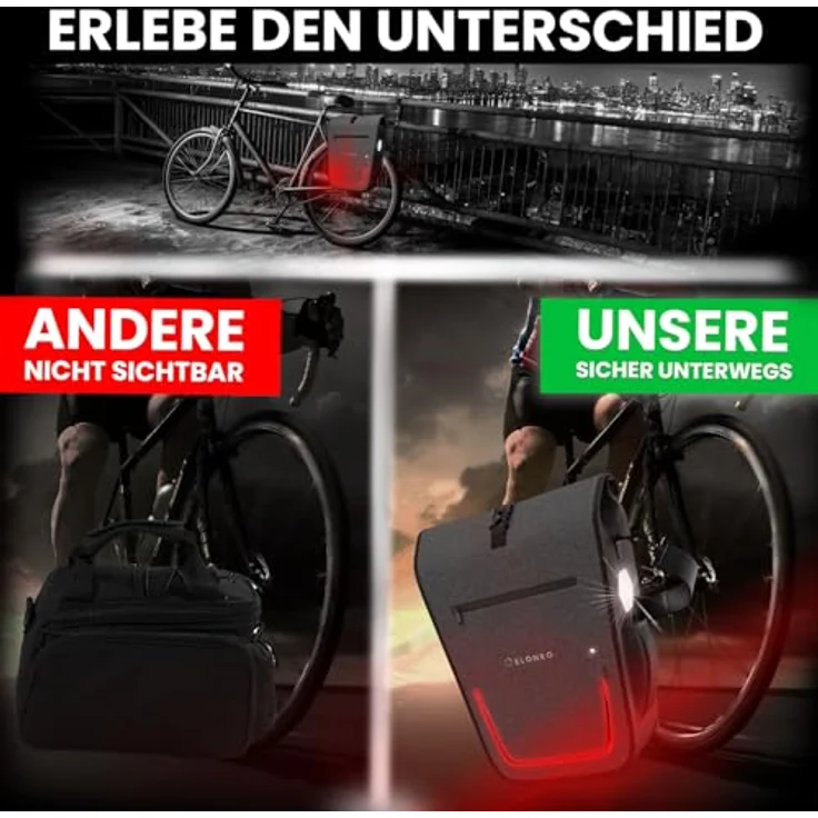 Eloneo Velotasche, 25 l Gepäckträgertasche mit gepolstertem Laptopfach, zuschaltbarer LED-Beleuchtung und Quick-Connect-System, wasserdicht nach IPX4 – Bild 6