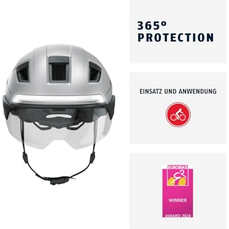 ABUS HYP-E B.LACE Fahrradhelm, mit Front-, Rück- und Blinklicht, kabelloses Bremslicht, Visier und Ohrenschützer, für E-Bike und S-Pedelec, ilber, Größe L (57-61 cm) – Bild 2