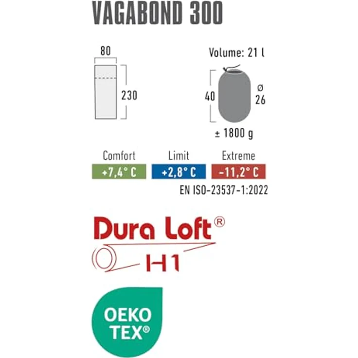 High Peak Vagabond 300, Schlafsack für 2-3 Jahreszeiten, hautsympathisch, PFC-frei, wasserabweisend, recycelte Polyesterfüllung, abnehmbare Kapuze – Bild 2