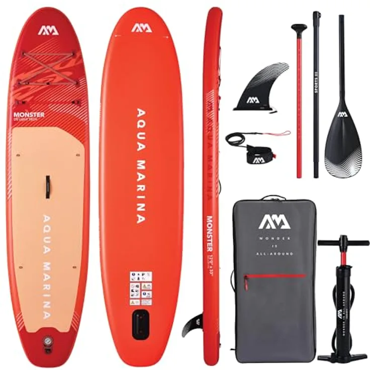 Aqua Marina Monster, aufblasbares Stand-Up-Paddleboard-Paket, 3,6 m, rote Spanngurte, Sandwellen-EVA-Fußpolster, Neopren-Tragegriff