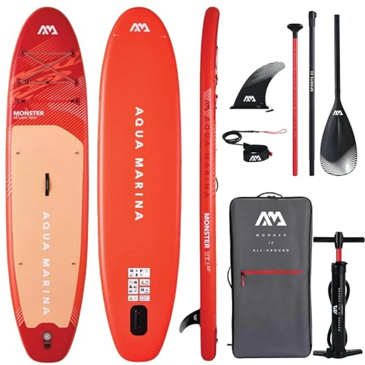Aqua Marina Monster, aufblasbares Stand-Up-Paddleboard-Paket, 3,6 m, rote Spanngurte, Sandwellen-EVA-Fußpolster, Neopren-Tragegriff – Bild 1