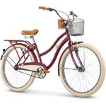 Huffy Deluxe 26" Cruiser Bike, Singlespeed Fahrrad mit Lenkerkorb und Gepäckträger, Matt Dark Berry