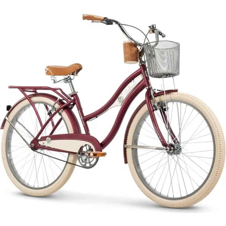 Huffy Deluxe 26" Cruiser Bike, Singlespeed Fahrrad mit Lenkerkorb und Gepäckträger, Matt Dark Berry