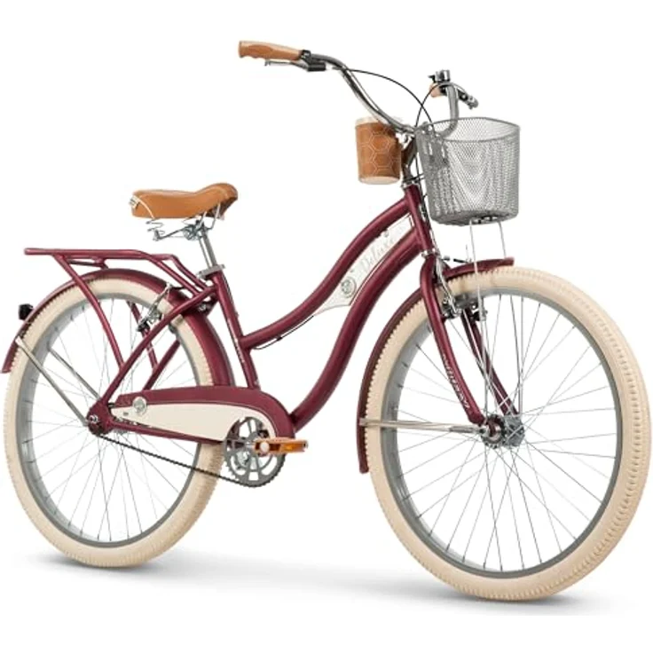 Huffy Deluxe 26" Cruiser Bike, Singlespeed Fahrrad mit Lenkerkorb und Gepäckträger, Matt Dark Berry – Bild 1