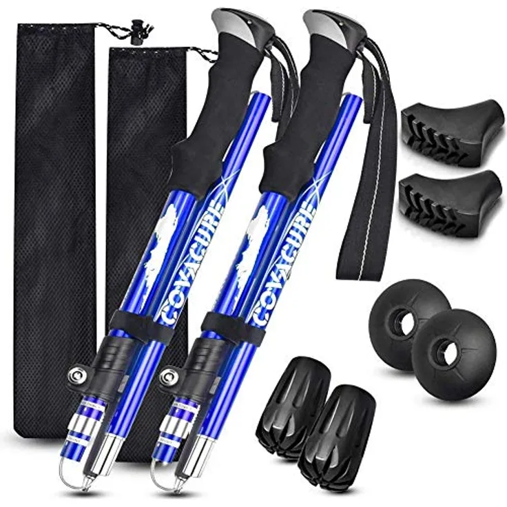COVACURE Faltbare Wanderstöcke, Teleskop Nordic Walking Stöcke 110-130 cm verstellbar, leicht mit Gummipuffer für Damen und Herren (Blau)