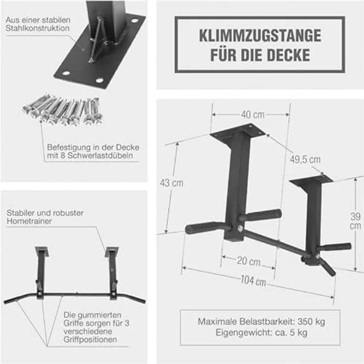 GORILLA SPORTS® Klimmzugstange - Deckenmontage, inkl. Montagematerial, bis 350 kg Belastbar, rutschfeste Griffe, Stabil, aus Stahl, Schwarz/Weiß - Pull Up Bar, Klimmzugstange Decke, Reckstange – Bild 3