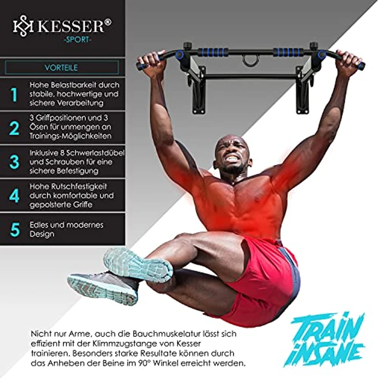 KESSER® 4in1 Klimmzugstange zur Wandmontage rutschfesten Griffen zusätzliche Funktion für Seile Ringe und Boxsäcke mit verschiedenen Griffpositionen | sicher & stabil | Pull Up Bar für zuhause, Blau – Bild 5